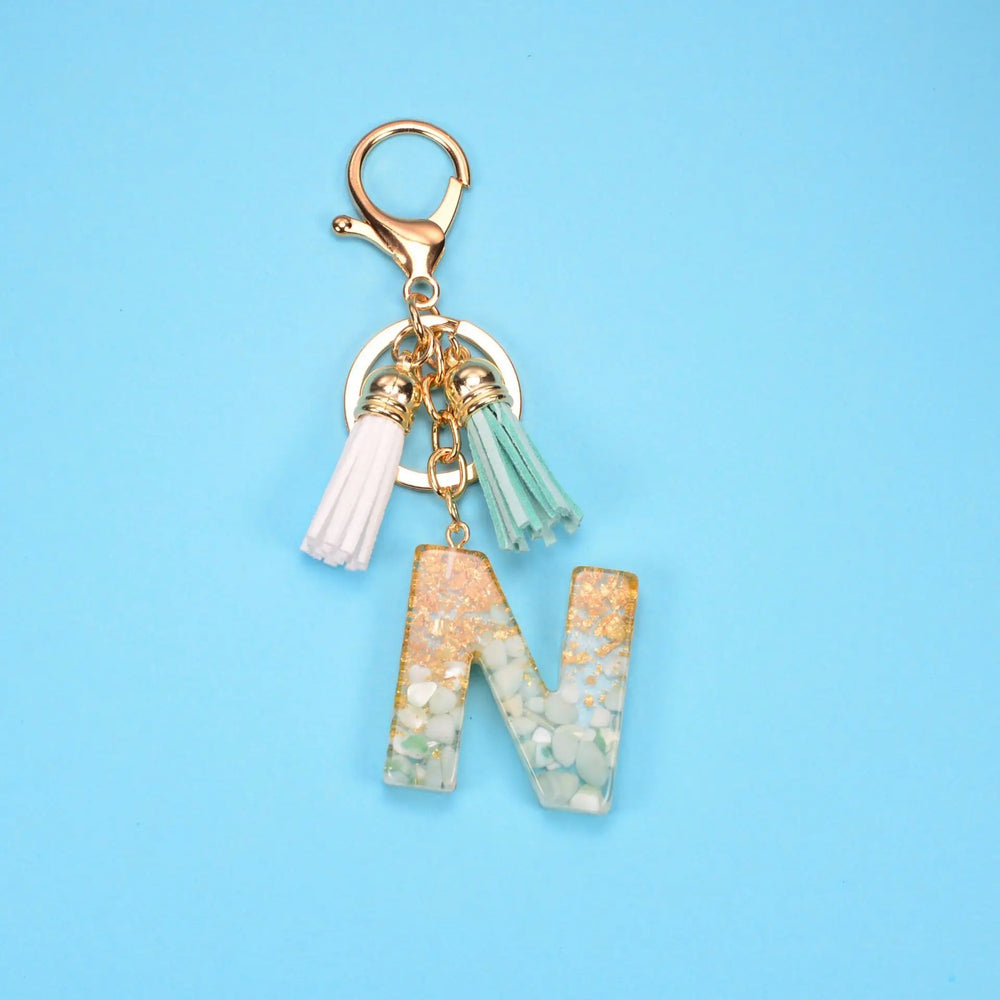 English Alphabet Keychain Tassel Pendant Stone Gold Foil Resin Key Charge Hub X