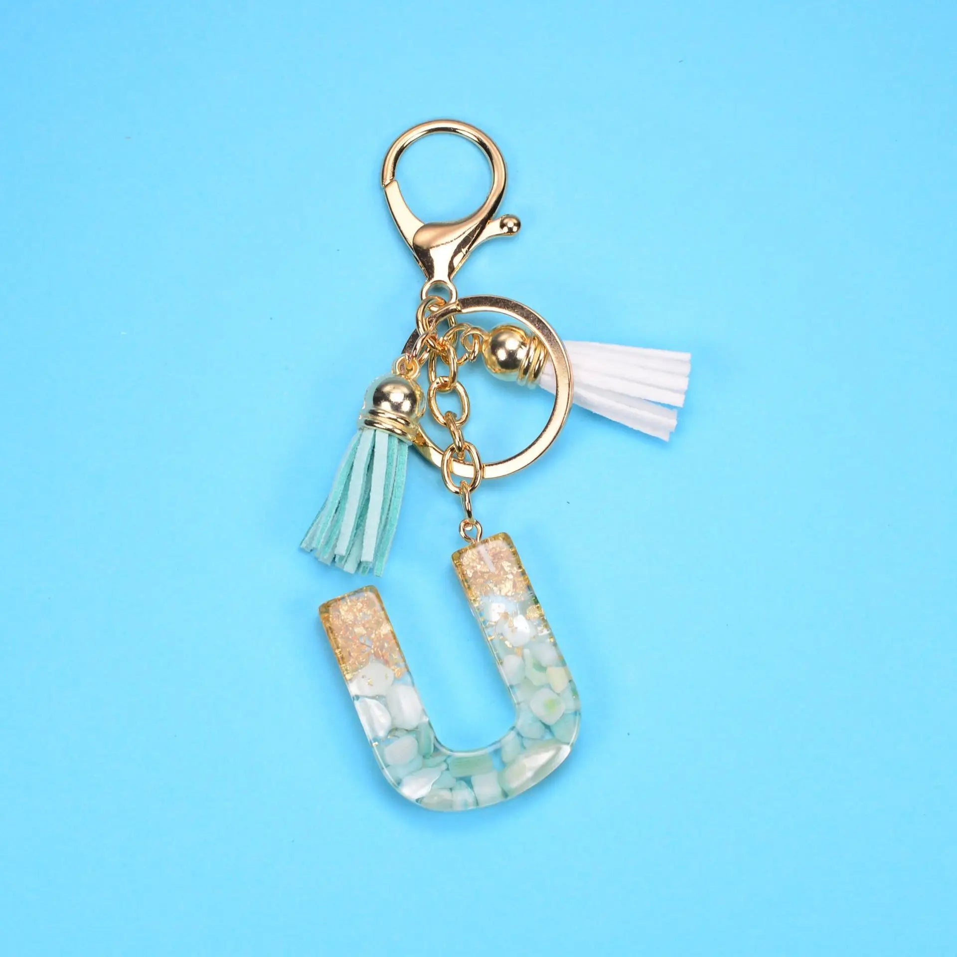 English Alphabet Keychain Tassel Pendant Stone Gold Foil Resin Key Charge Hub X