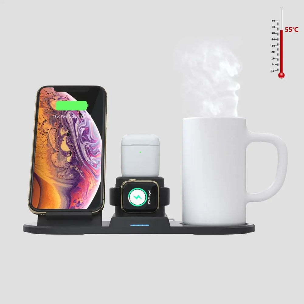 Wireless charging station with smartphone, watch, and mug on a white background