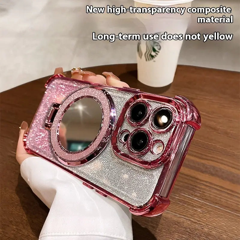 Glitter Folding Mirror Phone Case With Drop Resistant Charge Hub X