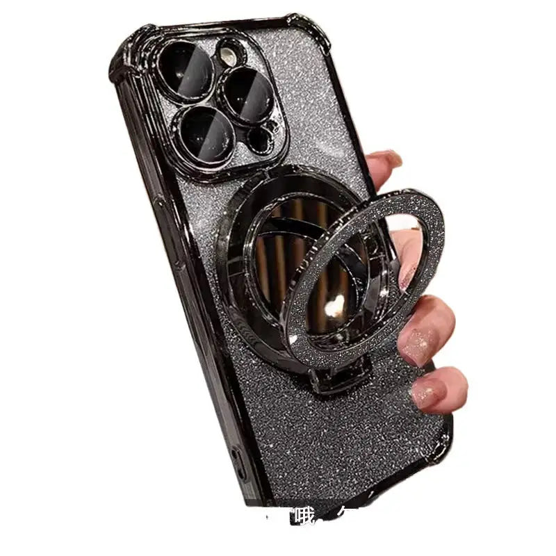 Glitter Folding Mirror Phone Case With Drop Resistant Charge Hub X