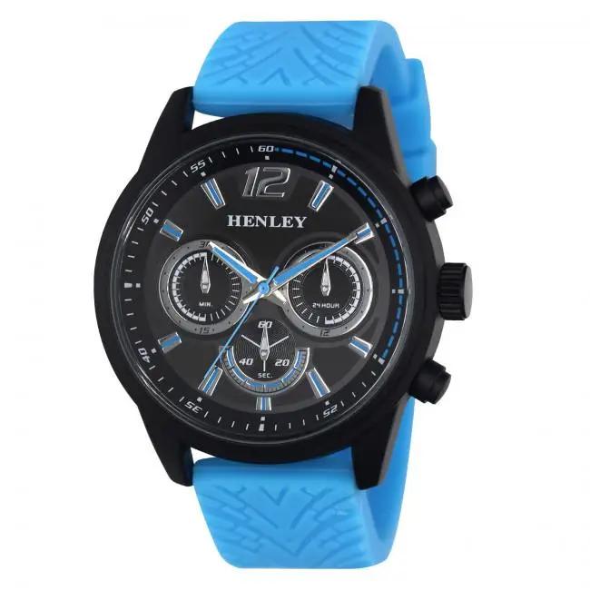 Henley Mens Multi Eye Black Dial With Blue Sports Large Silicone Strap Watch H02216.6 Henley