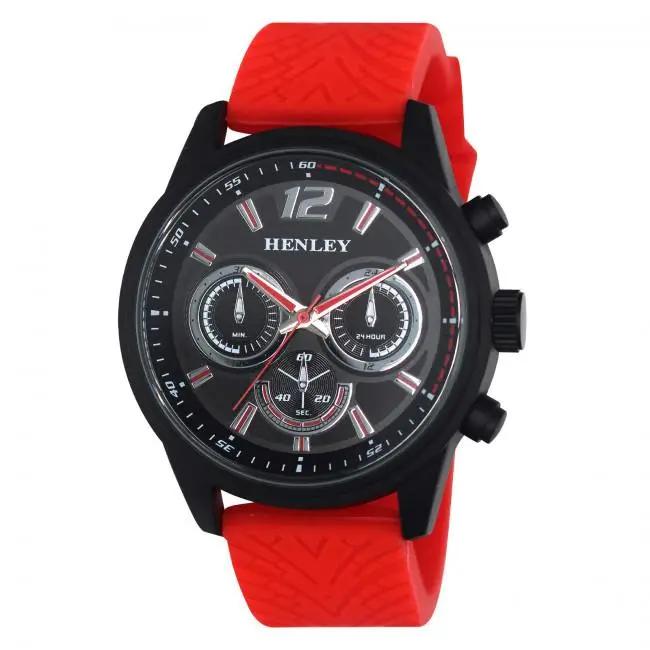 Henley Mens Multi Eye Black Dial With Red Sports Large Silicone Strap Watch H02216.10 Henley