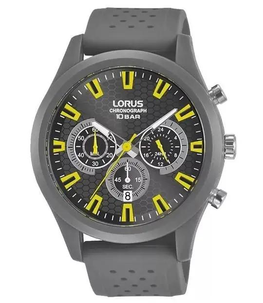 Lorus Mens Sports Chronograph Dated Grey/Yellow Dial Grey Rubber Strap Watch RT377JX9 Lorus