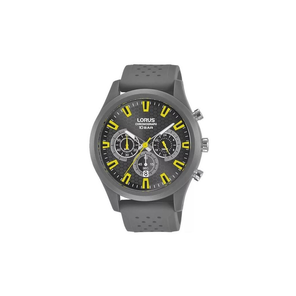 Lorus Mens Sports Chronograph Dated Grey/Yellow Dial Grey Rubber Strap Watch RT377JX9 Lorus