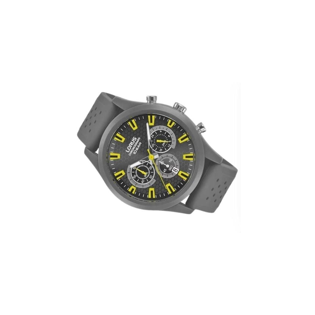 Lorus Mens Sports Chronograph Dated Grey/Yellow Dial Grey Rubber Strap Watch RT377JX9 Lorus