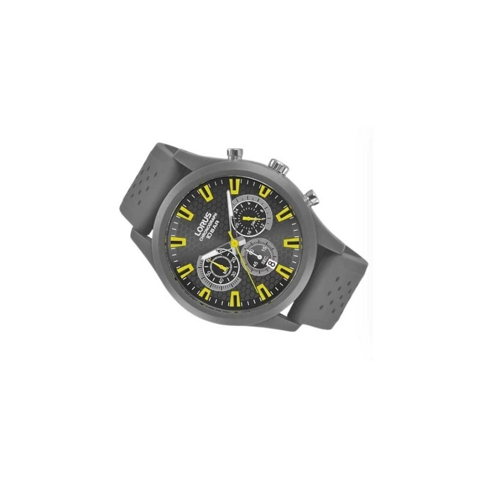 Lorus Mens Sports Chronograph Dated Grey/Yellow Dial Grey Rubber Strap Watch RT377JX9 Lorus