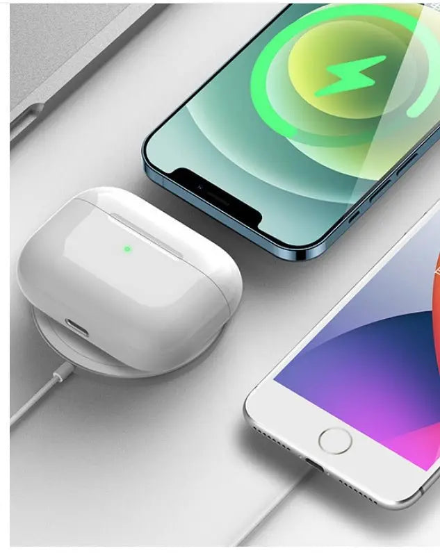 Wireless earbuds charging case with two smartphones on a white surface