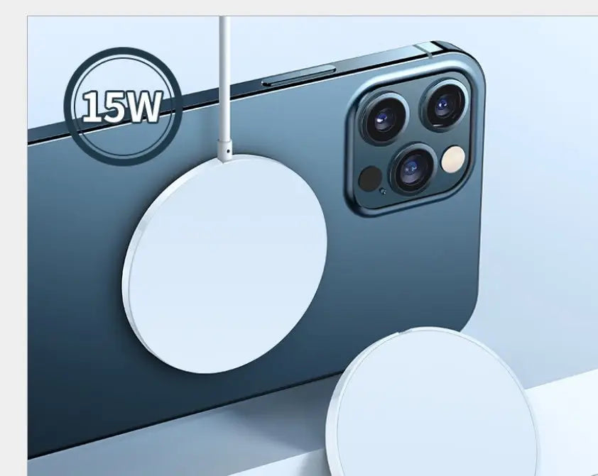 Smartphone with a wireless charging pad and '15W' label on a light blue background
