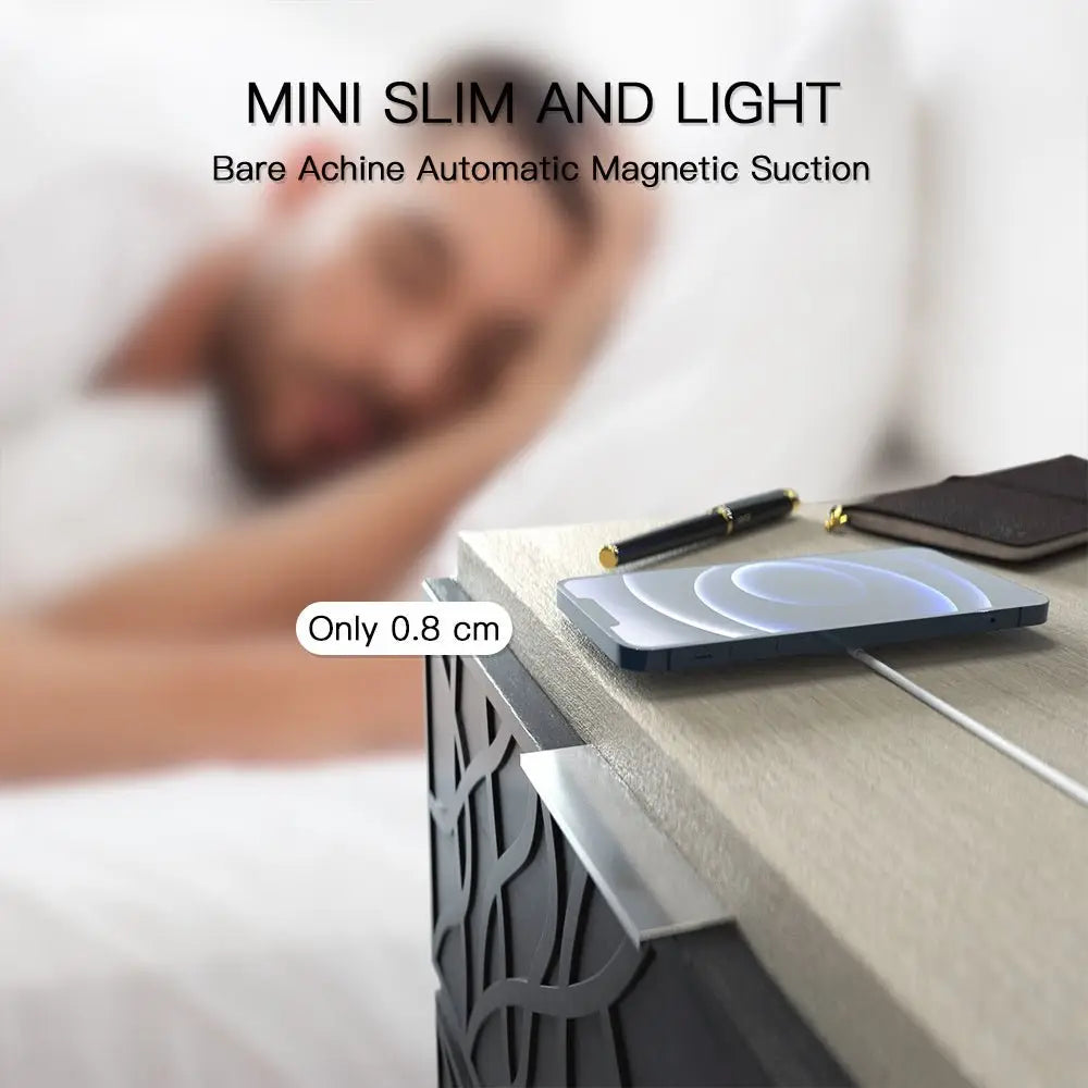 Bare Achine Automatic Magnetic Suction device on a nightstand with text highlighting its thin design.
