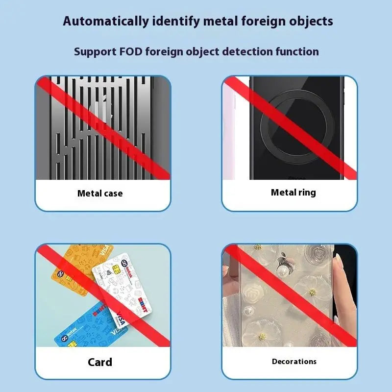 Illustrations of metal foreign objects and their detection by a device on a blue background.