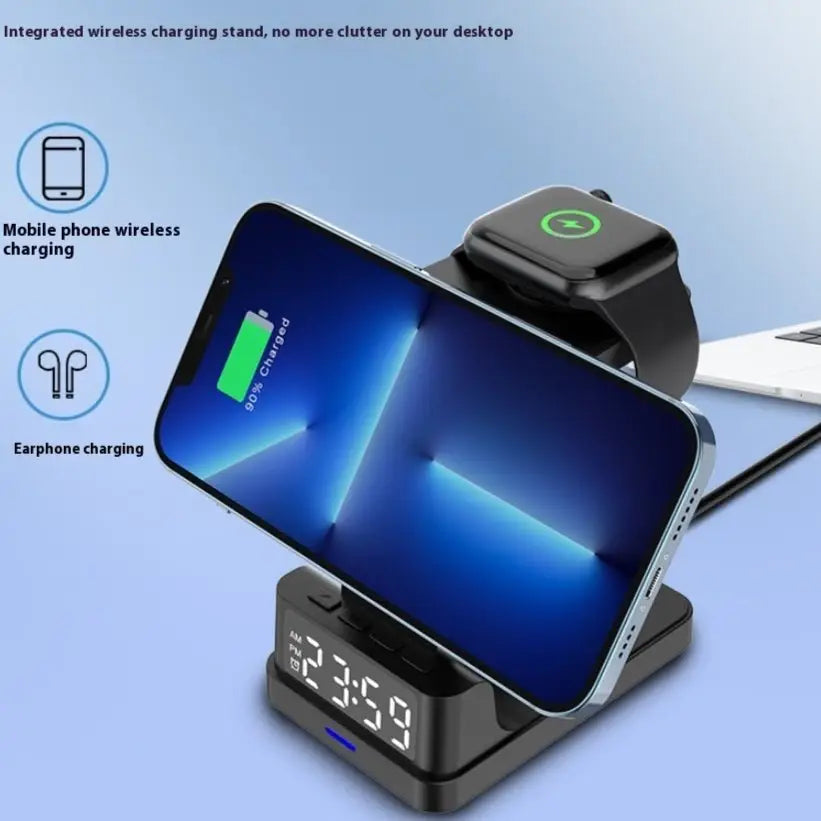 Multi-device wireless charging stand with smartphone, smartwatch, and earphones on a blue background