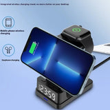 Multi-device wireless charging stand with smartphone, smartwatch, and earphones on a blue background