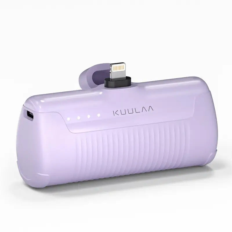 Purple power bank with lightning connector on a white background