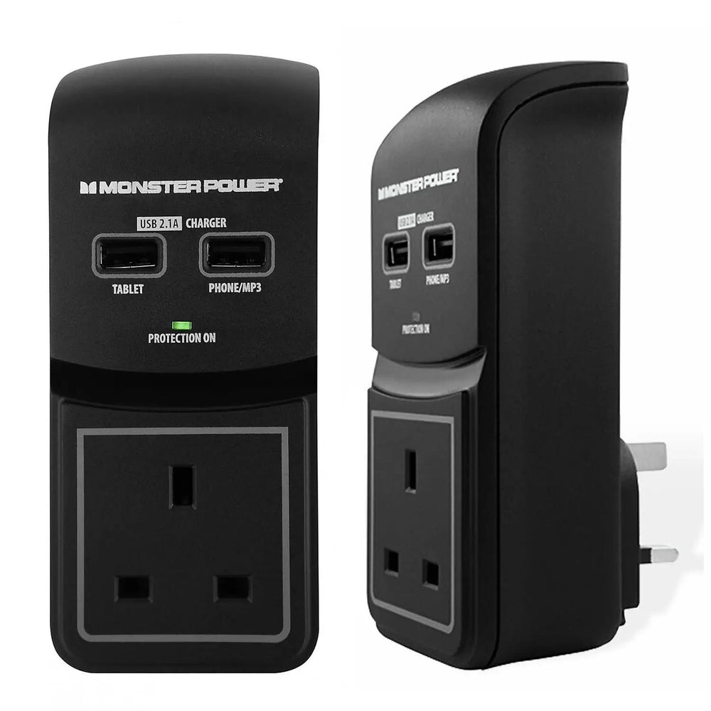 Monster Power Core 100 Surge Protected Socket with 2 USB Charging Ports, Black Monster
