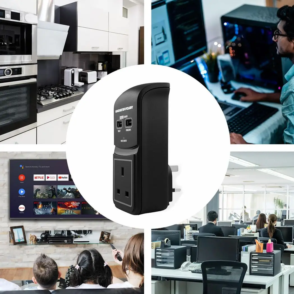 Monster Power Core 100 Surge Protected Socket with 2 USB Charging Ports, Black Monster