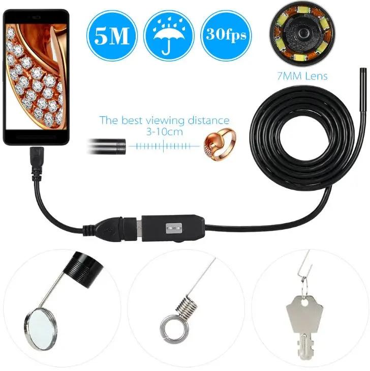 OWSOO 6 LED 7MM USB Endoscope Camera 5M Waterproof USB Wire Snake Tube Inspection Borescope For OTG Compatible Android Phones Charge Hub X