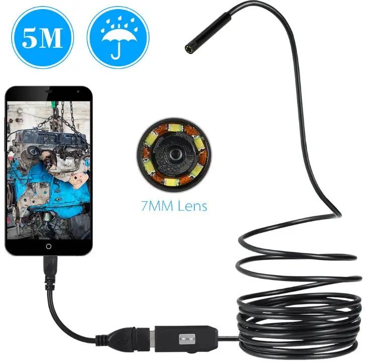OWSOO 6 LED 7MM USB Endoscope Camera 5M Waterproof USB Wire Snake Tube Inspection Borescope For OTG Compatible Android Phones Charge Hub X