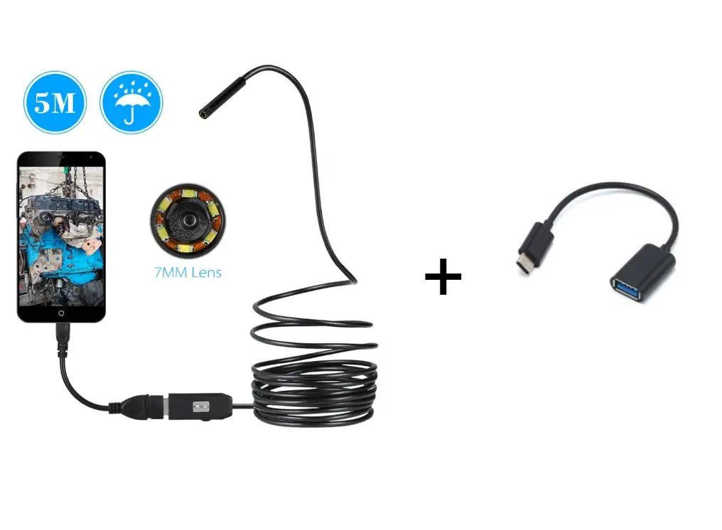 OWSOO 6 LED 7MM USB Endoscope Camera 5M Waterproof USB Wire Snake Tube Inspection Borescope For OTG Compatible Android Phones Charge Hub X