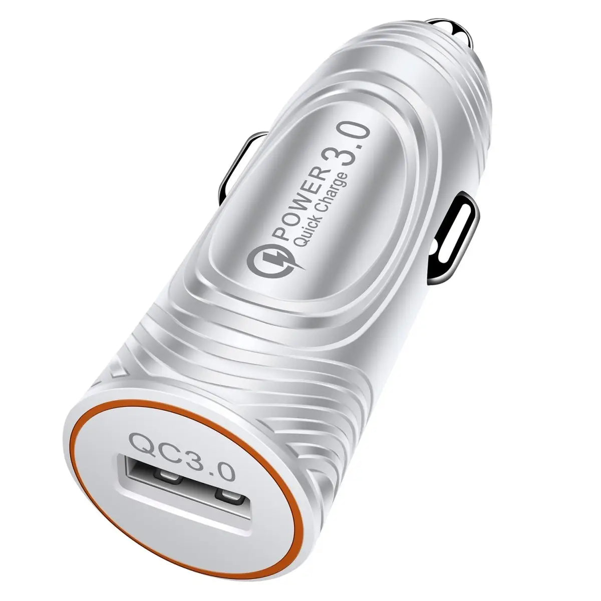 White car charger with USB ports and 'Power 3.0' branding on a white background