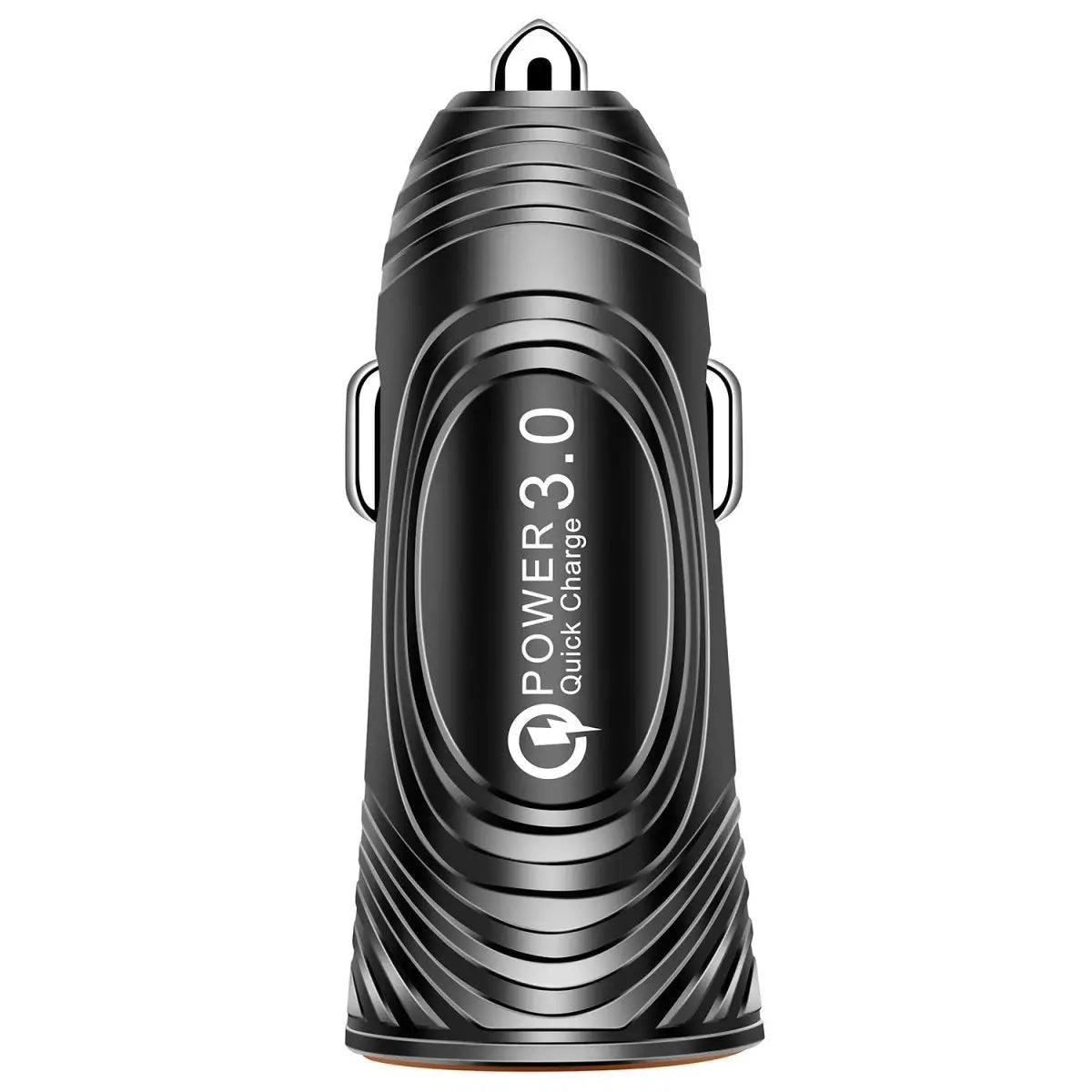 Black car charger with 'Power 3.0' branding on a white background