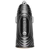 Black car charger with 'Power 3.0' branding on a white background