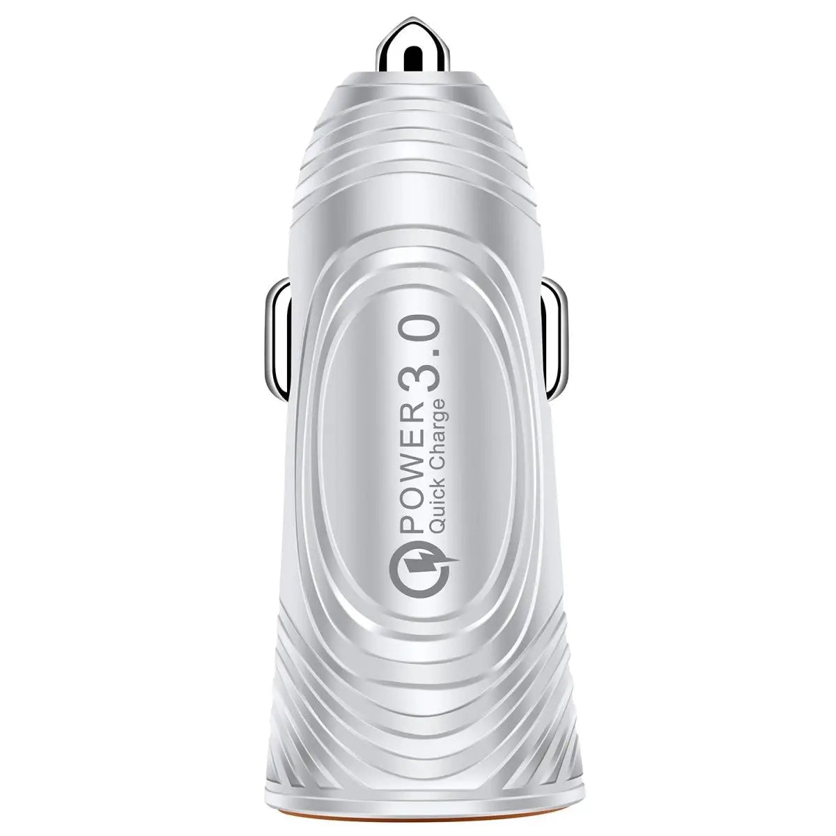 Silver car charger with 'Power 3.0' branding on a white background