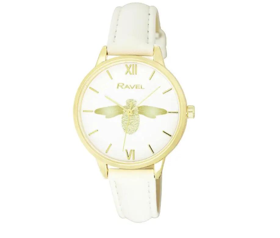 Ravel Women's Moth Design Dial White Leather Strap Watch RF007.4 Ravel