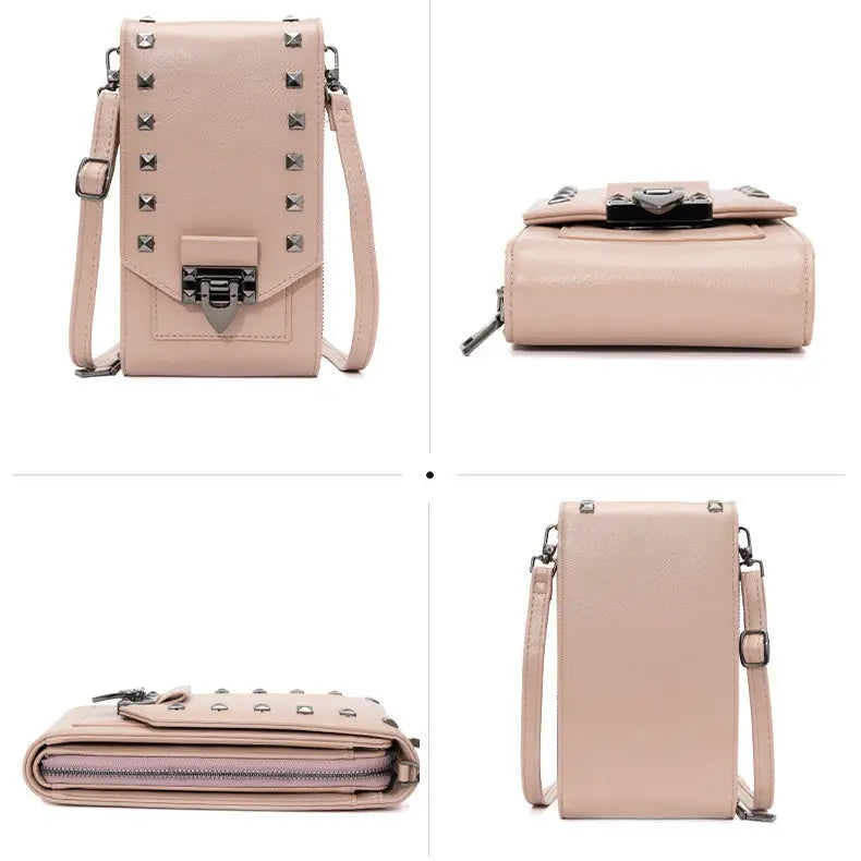 Rivet Design Shoulder Bags Mobile Phone Handbag Solid Color Crossbody Bags Women Charge Hub X