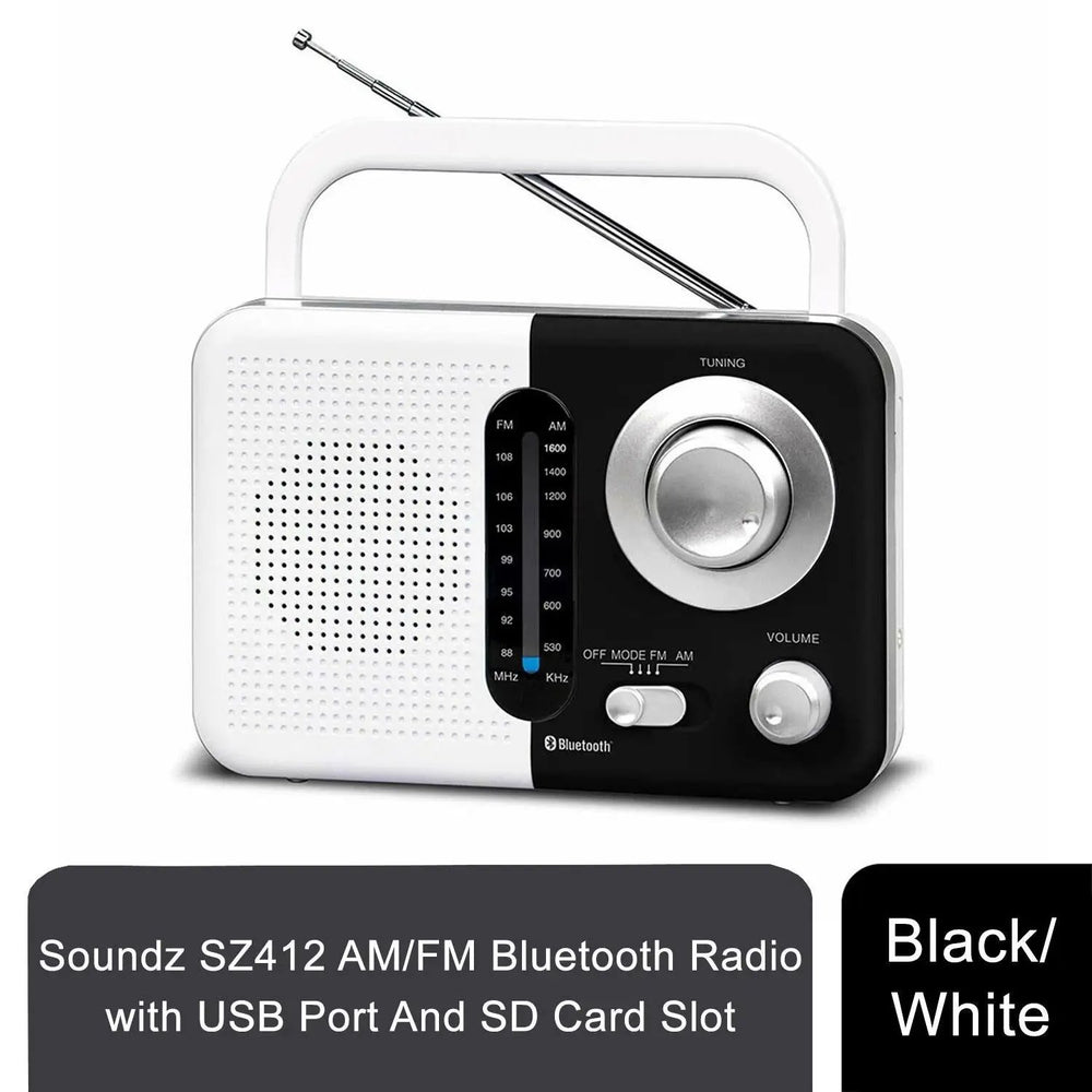 Soundz SZ412 AM/FM Bluetooth Radio with USB Port And SD Card Slot, Black/White Soundz