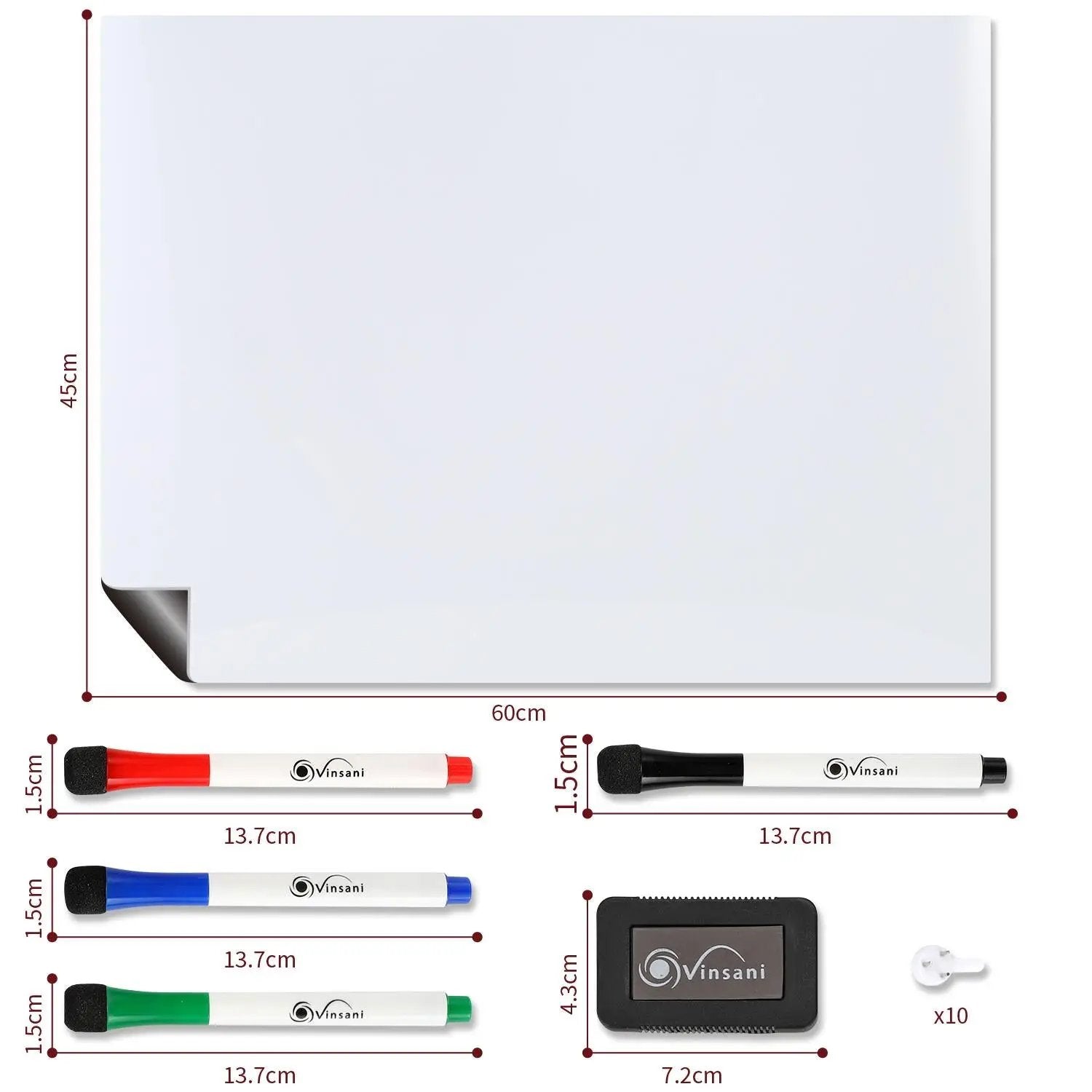 Vinsani 450x600 Whiteboard w/ 4 Markers and Eraser 0000143 Vinsani