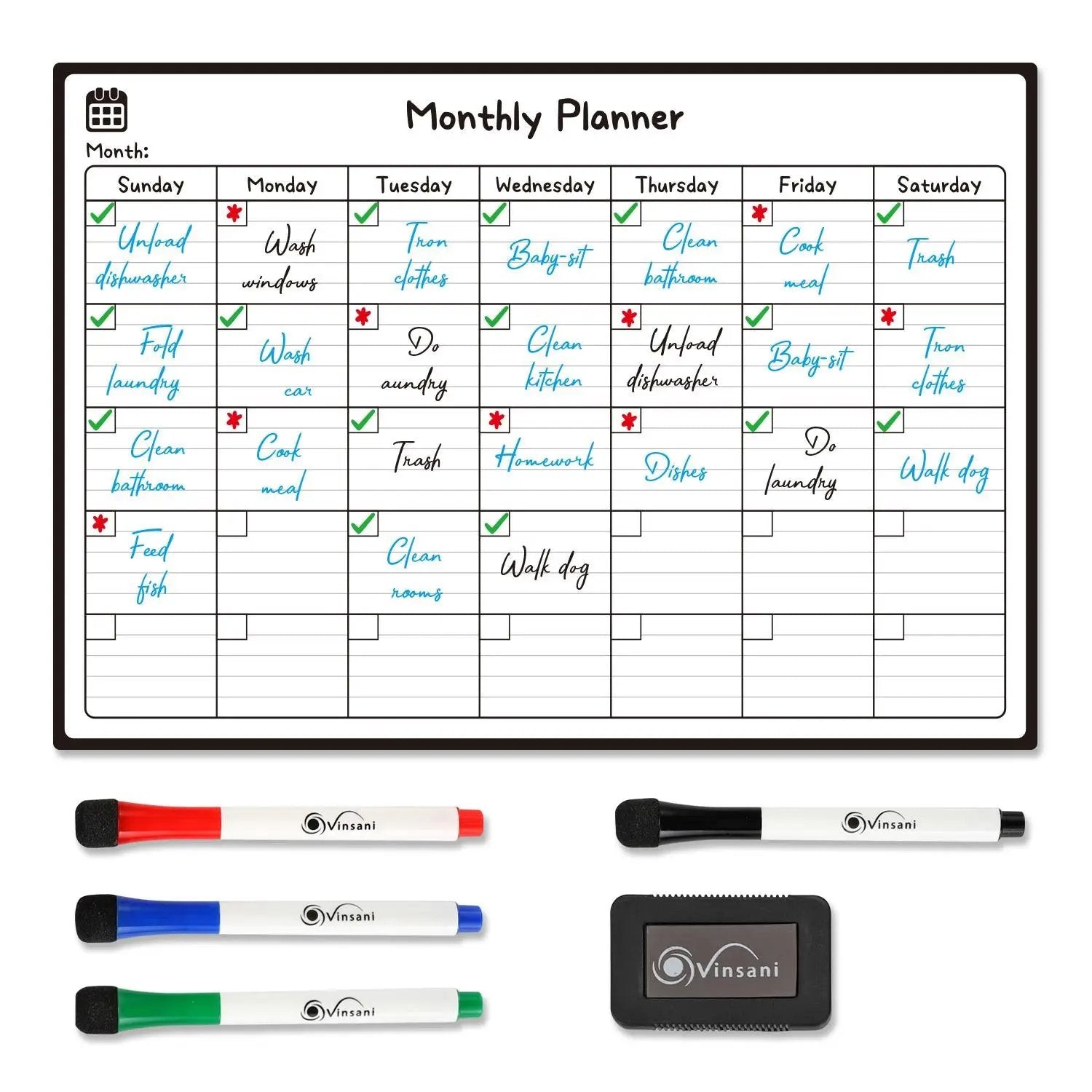Vinsani Monthly Planner 4 Markers & Eraser 0000145 Vinsani
