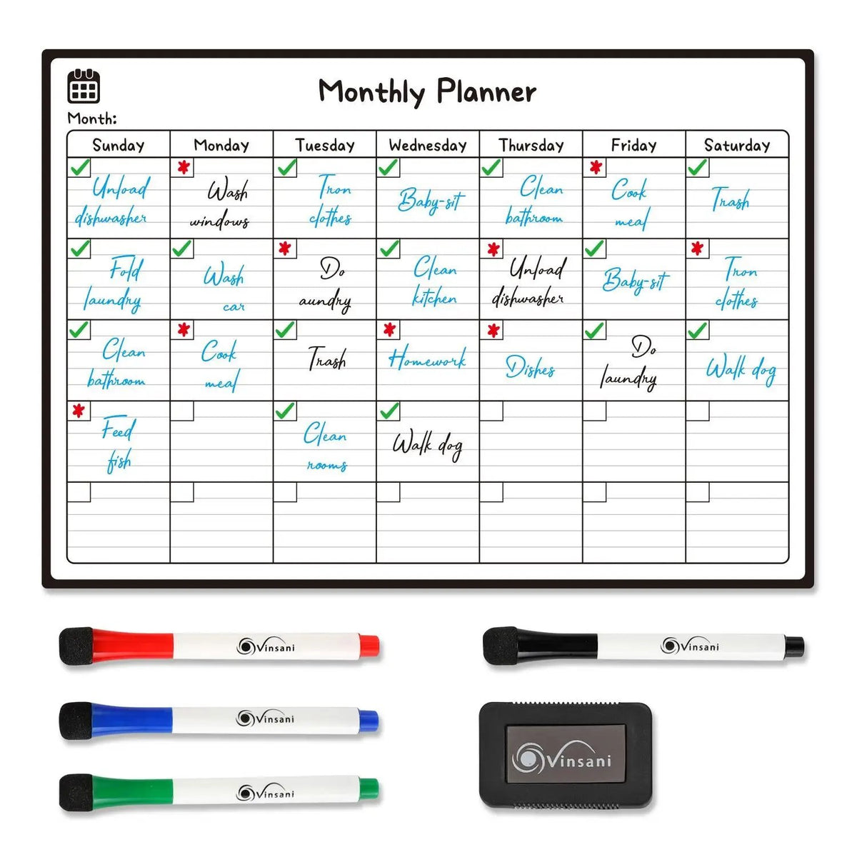 Vinsani Monthly Planner 4 Markers & Eraser 0000145 Vinsani