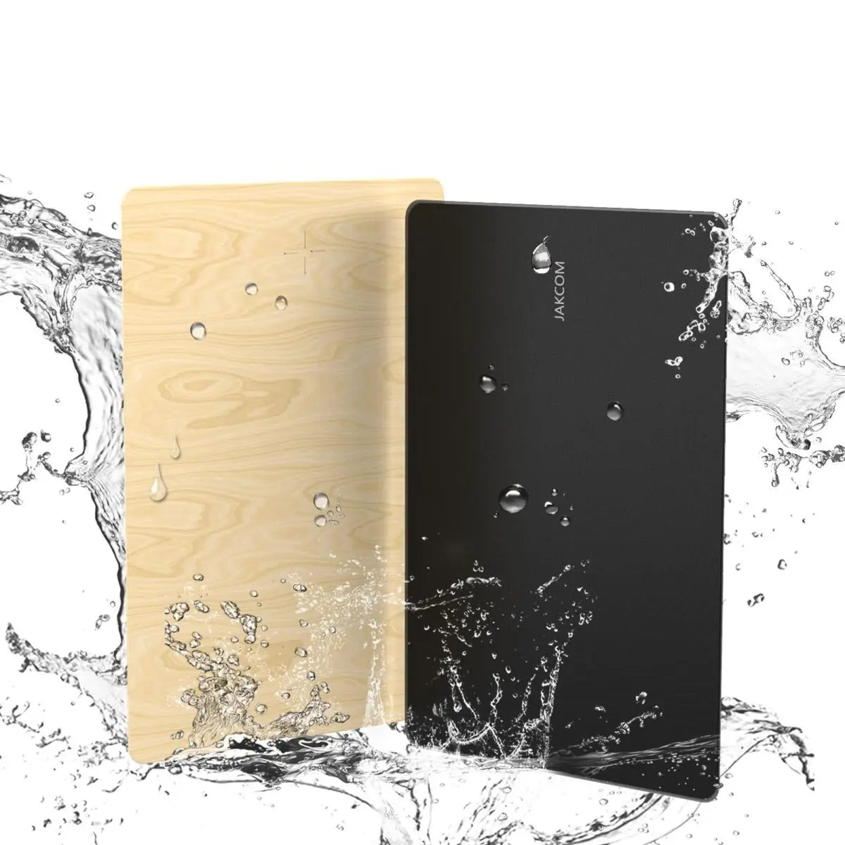 Two rectangular objects, one beige and one black, with water droplets on a white background.