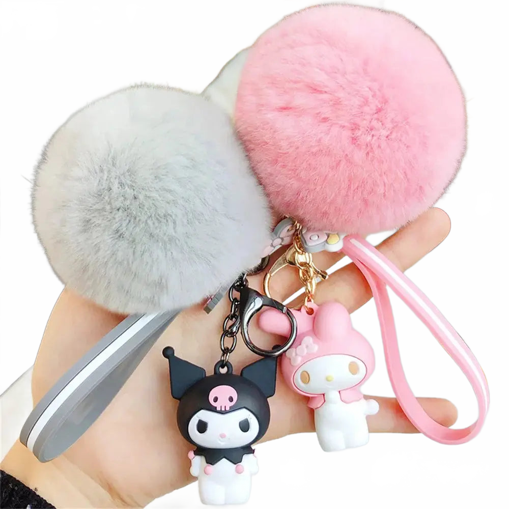 Cute Sanrio Kuromi Keychains with Fur Ball-0