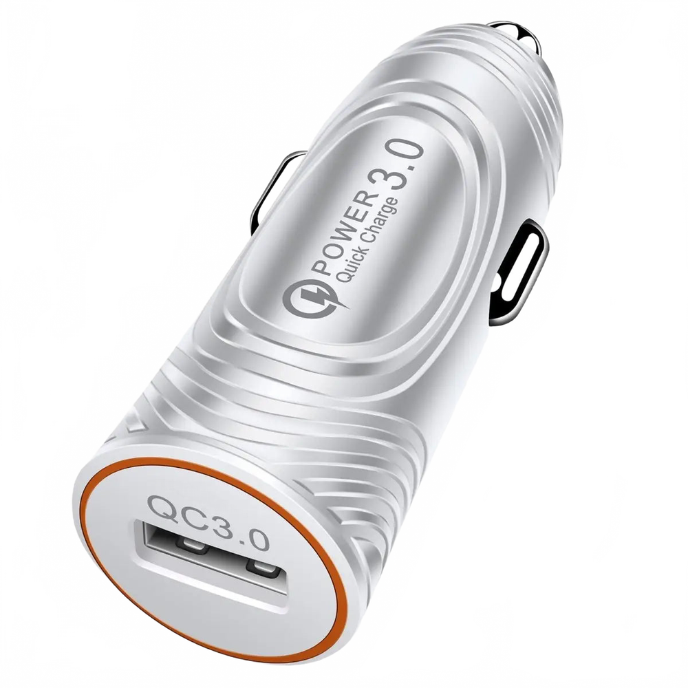 White car charger with USB ports and 'Power 3.0' branding on a white background