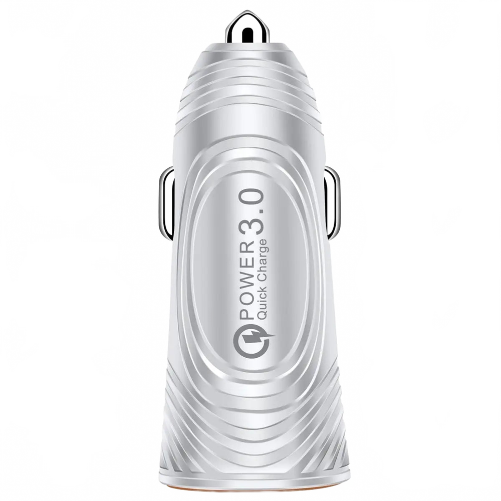 Silver car charger with 'Power 3.0' branding on a white background
