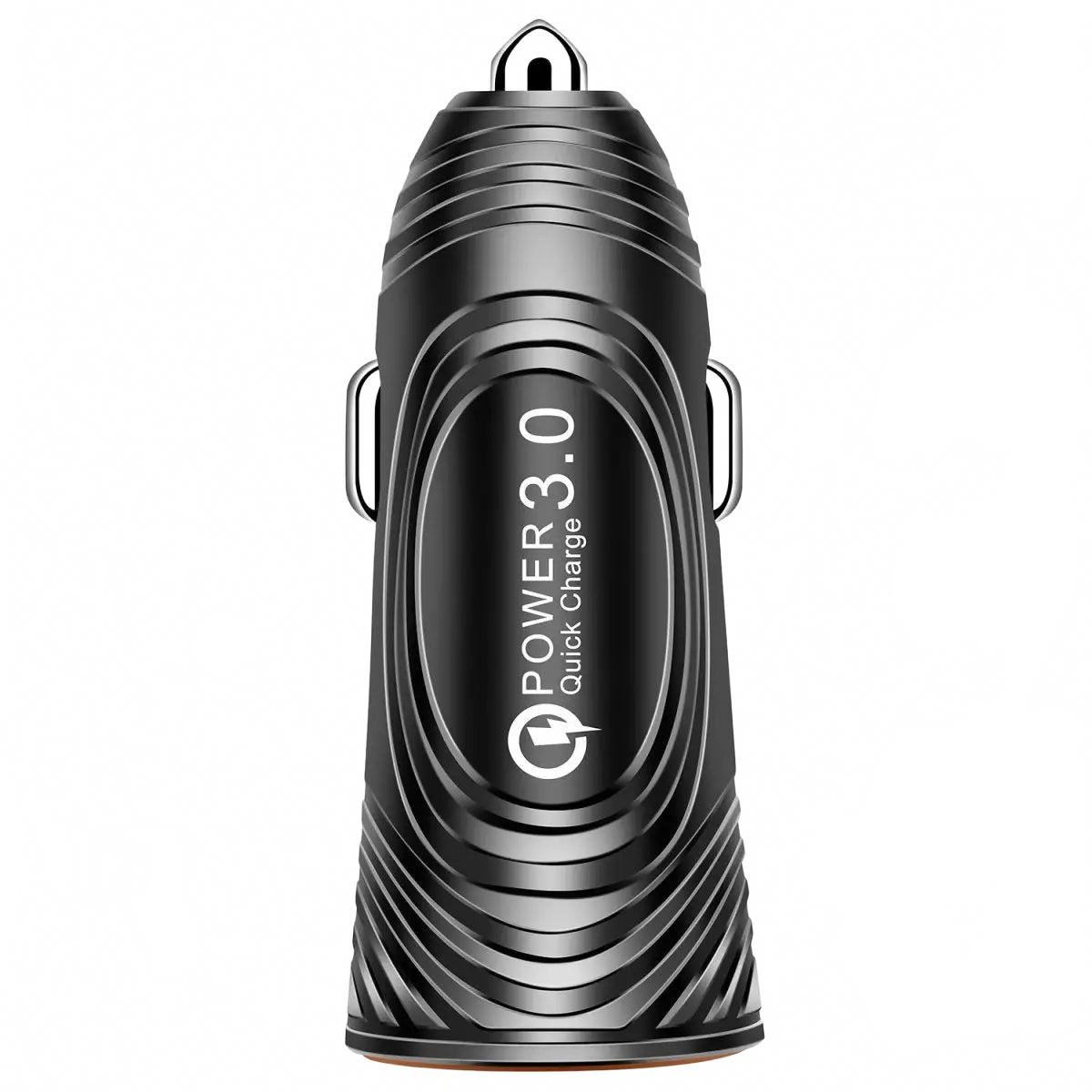 Black car charger with 'Power 3.0' branding on a white background