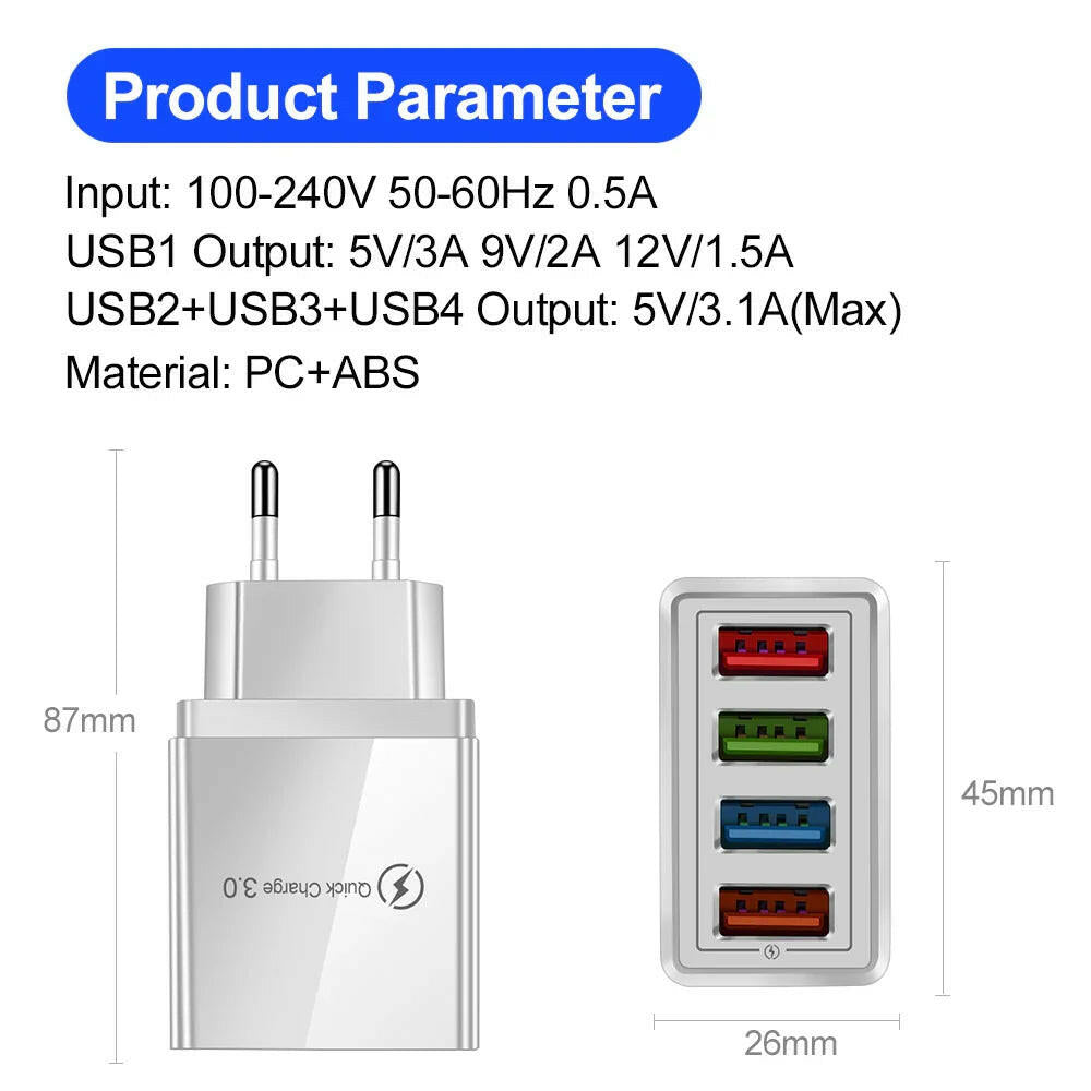 USB Charger Quick Charge 3.0 4 Phone Adapter For Tablet Portable Wall Mobile Charger Fast Charger.
